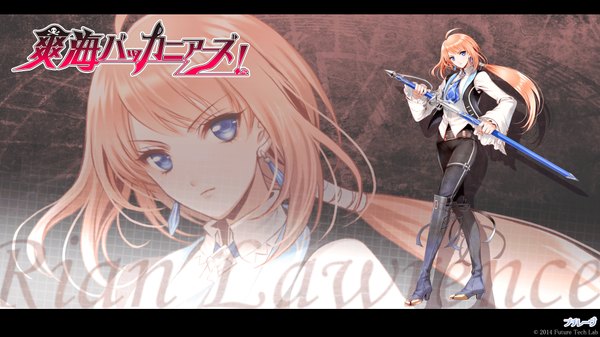 Anime picture 1920x1080 with sayaka buccaneers! rian lawrence amajio komeko single long hair looking at viewer fringe highres blue eyes blonde hair wide image game cg inscription official art hieroglyph girl weapon earrings sword jewelry