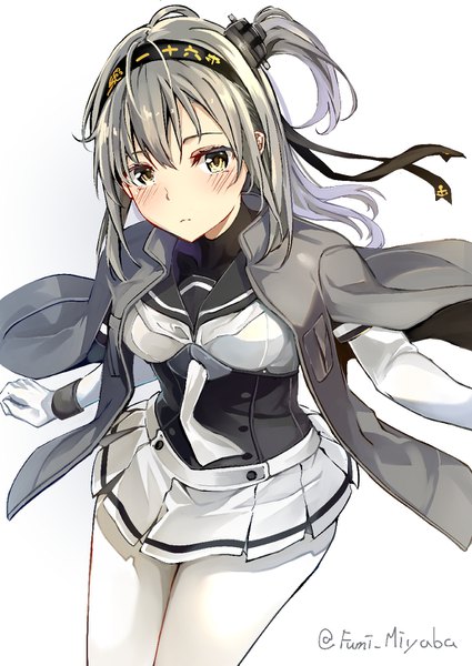Anime picture 1032x1457 with kantai collection suzutsuki (kancolle) jacob dream world single long hair tall image looking at viewer blush fringe simple background hair between eyes white background signed yellow eyes pleated skirt from above grey hair twitter username one side up clothes on shoulders