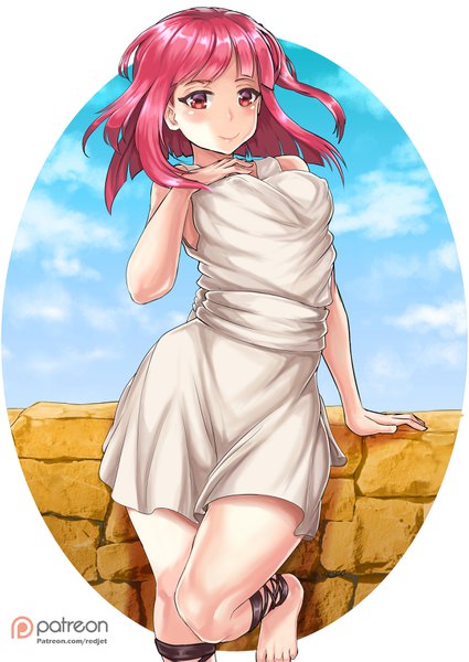 Anime picture 2480x3503 with magi the labyrinth of magic a-1 pictures morgiana giovanni zaccaria (redjet) single tall image looking at viewer blush fringe highres short hair breasts large breasts standing white background signed pink hair sky cloud (clouds) bent knee (knees)
