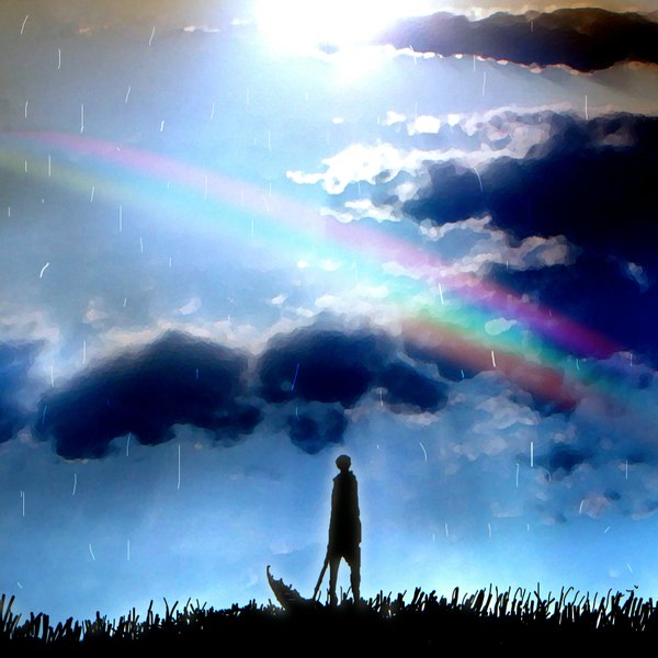 Anime picture 3500x3500 with original harada miyuki single highres absurdres sky cloud (clouds) sunlight rain scenic silhouette boy plant (plants) umbrella grass rainbow