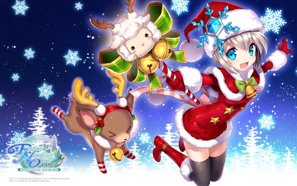 Anime picture 1920x1200 with finding neverland online tagme (artist) single looking at viewer highres short hair open mouth blue eyes wide image silver hair fur trim christmas spread arms girl thighhighs gloves black thighhighs elbow gloves boots fur
