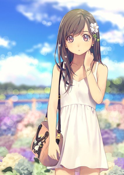 Anime picture 1200x1697 with original yohan12 single long hair tall image looking at viewer fringe open mouth brown hair standing bare shoulders sky cloud (clouds) outdoors pink eyes hair flower blurry :o sleeveless lens flare