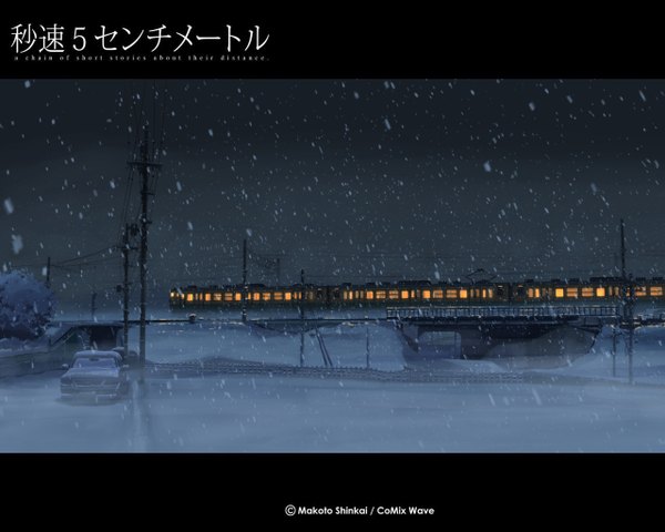 Anime picture 1280x1024 with 5 centimeters per second shinkai makoto night snowing letterboxed winter no people ground vehicle car train