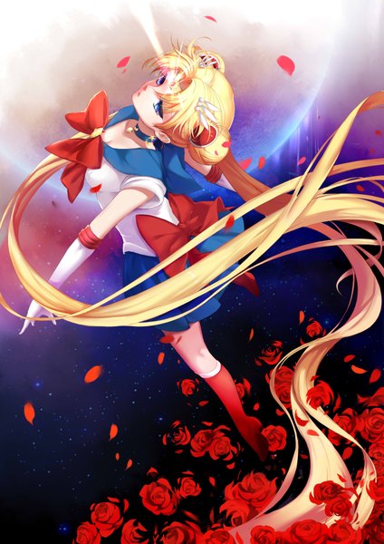 Anime picture 2480x3507 with bishoujo senshi sailor moon toei animation tsukino usagi sailor moon yomi yasou single tall image highres blue eyes blonde hair twintails very long hair girl gloves hair ornament bow petals white gloves sailor suit
