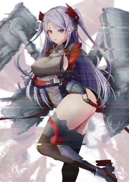 Anime picture 2000x2828 with azur lane prinz eugen (azur lane) spekkio36 single long hair tall image looking at viewer blush fringe highres breasts light erotic large breasts standing brown eyes payot ass long sleeves multicolored hair grey hair