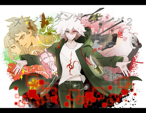 Anime picture 1240x960 with dangan ronpa nanami chiaki komaeda nagito hinata hajime mono bear tagme (artist) looking at viewer short hair black hair simple background red eyes brown hair white background brown eyes white hair light smile inscription grey eyes couple heterochromia