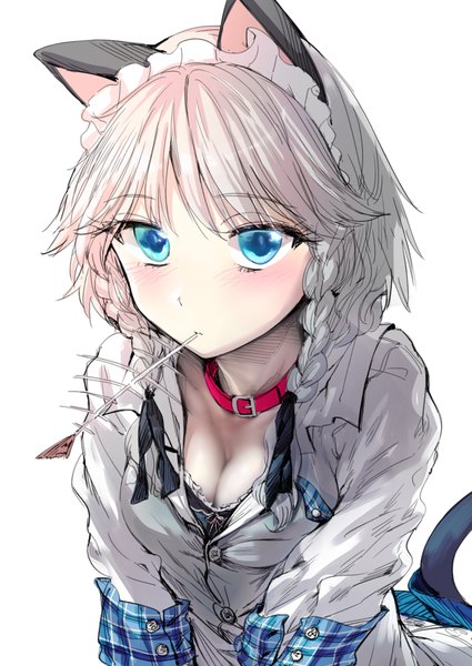 Anime picture 800x1129 with touhou izayoi sakuya geppewi single tall image looking at viewer blush fringe short hair breasts blue eyes light erotic simple background large breasts white background holding animal ears silver hair tail braid (braids)