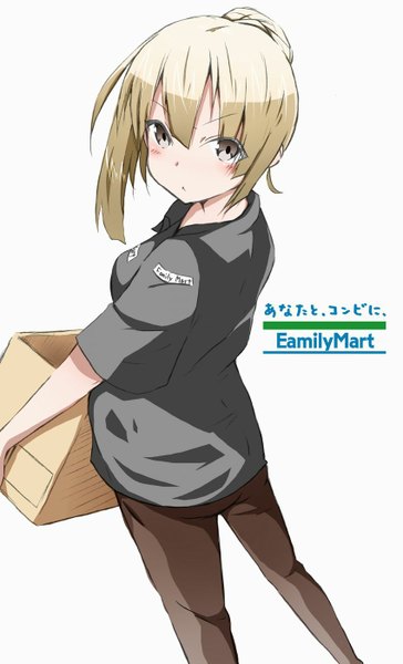 Anime picture 850x1399 with original kurebayashi noe single tall image looking at viewer blush short hair blonde hair simple background white background brown eyes inscription back girl box