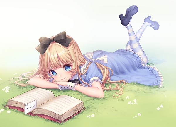 Anime picture 1371x992 with alice in wonderland alice (wonderland) sakura shiho single long hair fringe blue eyes blonde hair smile full body lying on stomach leg lift (legs lift) reading girl dress bow plant (plants) hair bow pantyhose