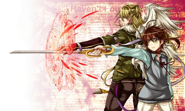 Anime picture 2500x1500 with original ame gatsu (artist) long hair highres short hair blonde hair brown hair wide image yellow eyes ahoge magic back to back boy weapon sword wings pants vest