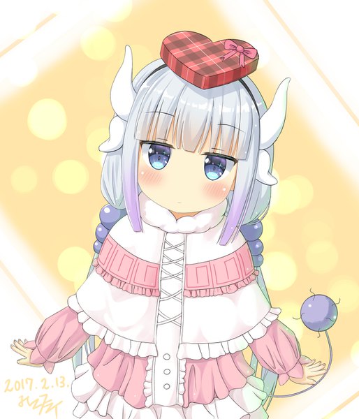 Anime picture 1200x1400 with kobayashi-san chi no maidragon kyoto animation kanna kamui miko fly single long hair tall image blush fringe blue eyes twintails signed payot silver hair tail blunt bangs horn (horns) from above loli low twintails