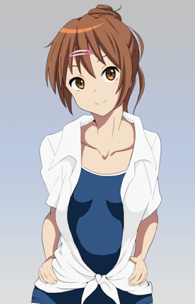 Anime picture 643x1000 with chuunibyou demo koi ga shitai! kyoto animation nibutani shinka kaiman single long hair tall image looking at viewer simple background smile brown hair brown eyes girl hair ornament swimsuit hairclip one-piece swimsuit school swimsuit