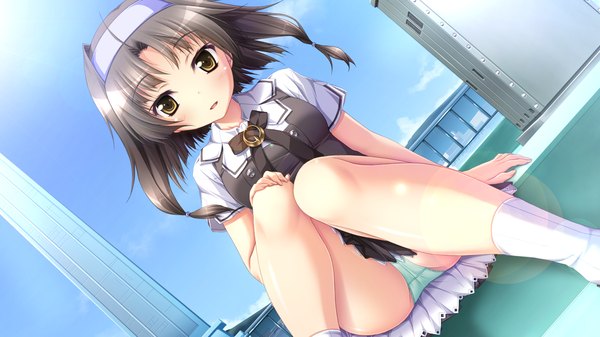 Anime picture 1280x720 with chrono clock suzuki miu koku single looking at viewer short hair light erotic black hair wide image sitting brown eyes game cg girl uniform underwear panties school uniform socks white socks