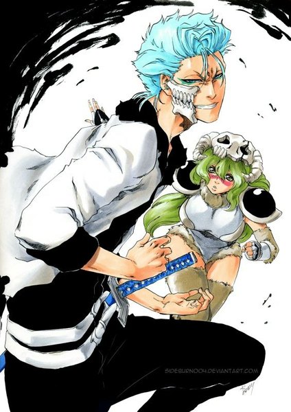 Anime picture 566x800 with bleach studio pierrot grimmjow jeagerjaques nelliel tu odelschwanck sideburn004 tall image looking at viewer breasts blue eyes smile large breasts white background green eyes blue hair parted lips green hair lips open clothes open jacket zettai ryouiki