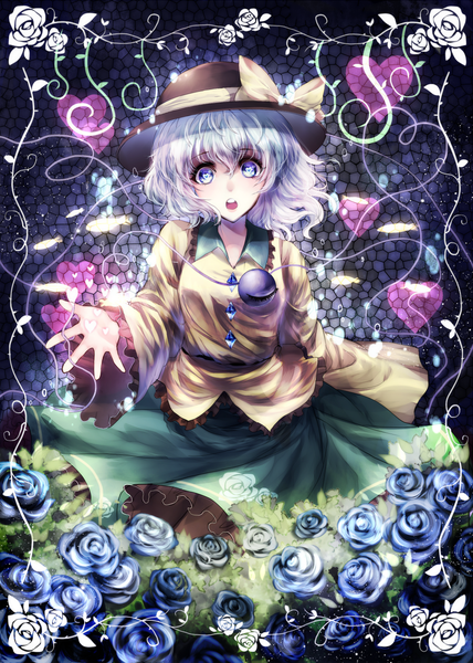 Anime picture 1000x1400 with touhou komeiji koishi kotonoman single long hair tall image looking at viewer open mouth blue eyes silver hair :o symbol-shaped pupils girl skirt flower (flowers) hat frills heart rose (roses) blouse