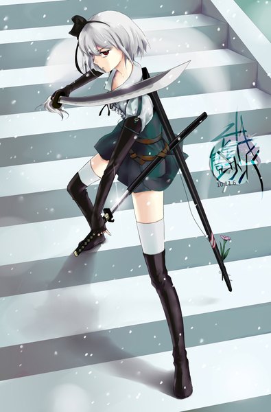 Anime picture 1316x2000 with touhou konpaku youmu goocn single tall image short hair red eyes silver hair full body from above snowing winter exhalation fighting stance girl thighhighs gloves weapon white thighhighs sword