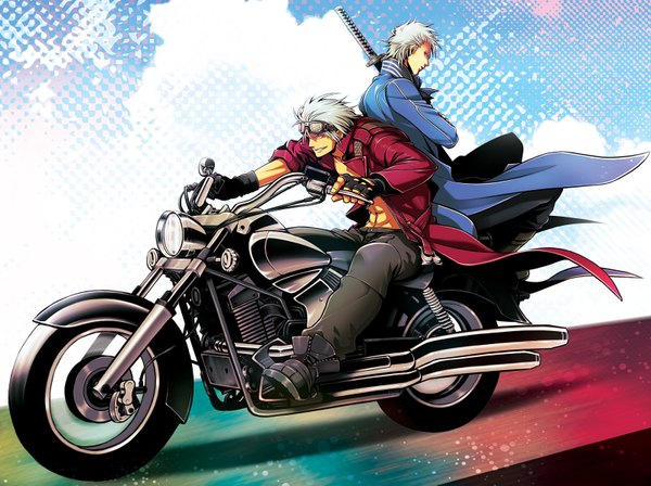 Anime picture 1600x1197 with devil may cry dante (devil may cry) vergil short hair sitting sky silver hair cloud (clouds) profile wind grey hair open clothes open jacket multiple boys crossed arms twins back to back boy gloves weapon