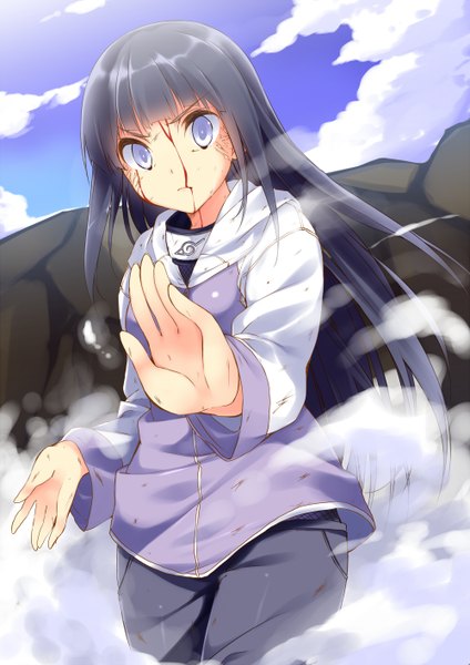 Anime picture 1000x1414 with naruto studio pierrot naruto (series) hyuuga hinata kuwashima rein single long hair tall image black hair purple eyes sky cloud (clouds) smoke byakugan girl blood vest bandana