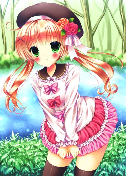 Anime picture 1000x1391 with original kouta. single long hair tall image looking at viewer blush blonde hair smile twintails green eyes river girl thighhighs dress bow black thighhighs plant (plants) beret