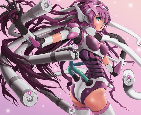 Anime picture 1222x996 with original sukabu single light erotic purple hair ass very long hair aqua eyes girl thighhighs gloves elbow gloves bodysuit wire (wires)