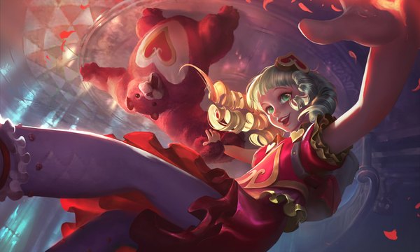 Anime picture 2000x1203 with league of legends annie (league of legends) tibbers (league of legends) su-ke (artist) single fringe highres short hair open mouth blonde hair smile wide image green eyes grey hair short sleeves girl dress pantyhose toy stuffed animal