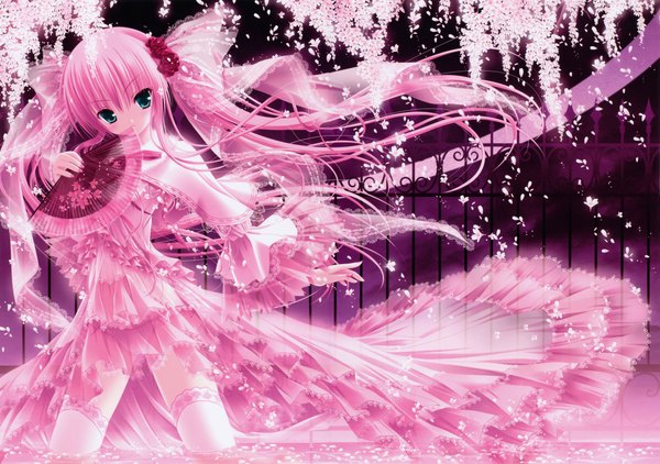 Anime picture 9604x6770 with original tinker bell single long hair highres blue eyes pink hair absurdres hair flower loli girl thighhighs dress hair ornament petals white thighhighs frills fan
