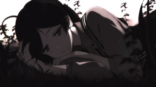 Anime picture 1600x900 with original eventh7 single long hair black hair wide image lying black eyes monochrome girl
