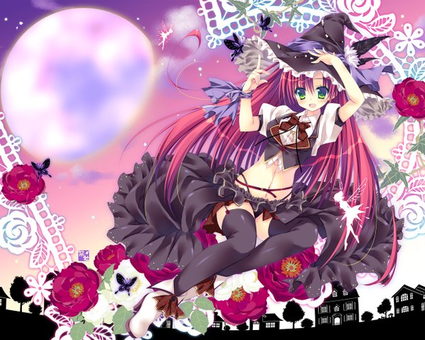 Anime picture 1280x1024 with original nanaroba hana long hair blush open mouth green eyes full body red hair midriff fairy girl thighhighs dress navel flower (flowers) black thighhighs insect butterfly witch hat