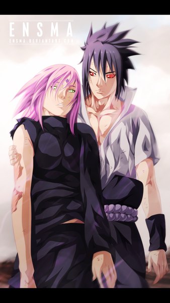 Anime picture 1200x2128 with naruto studio pierrot naruto (series) uchiha sasuke haruno sakura ensma long hair tall image short hair black hair red eyes green eyes pink hair sunlight hug coloring torn clothes facial mark sunbeam sharingan