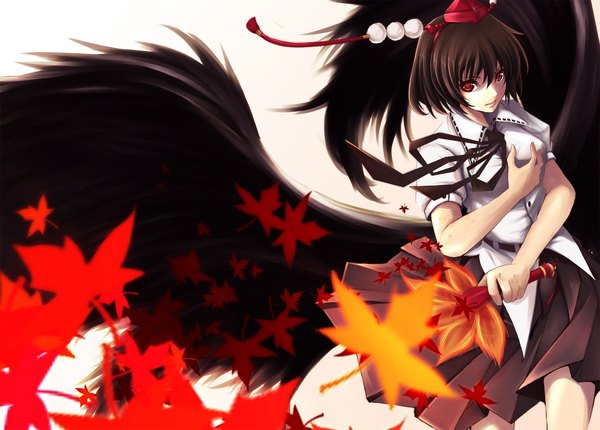Anime picture 2064x1482 with touhou shameimaru aya futami kito single highres short hair black hair simple background red eyes white background girl dress hat wings leaf (leaves) fan hauchiwa