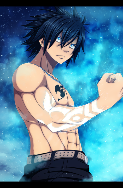 Anime picture 1888x2898 with fairy tail gray fullbuster belucen single tall image highres short hair blue eyes black hair sky cloud (clouds) tattoo coloring muscle boy cross fist jeans cross necklace