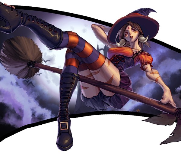 Anime picture 2480x2104 with league of legends nidalee (league of legends) single highres short hair breasts red eyes brown hair looking away witch girl thighhighs dress earrings boots thigh boots witch hat striped thighhighs broom