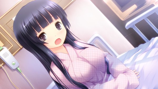 Anime picture 1024x576 with sukimazakura to uso no machi single long hair looking at viewer blush fringe breasts open mouth black hair wide image large breasts sitting game cg indoors blunt bangs black eyes hime cut girl robe hospital