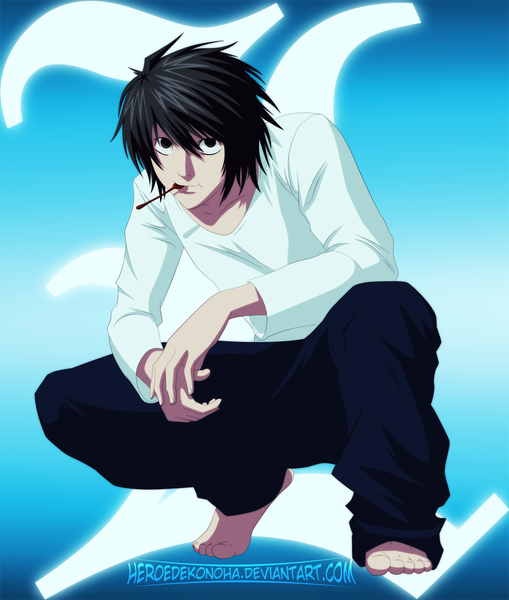 Anime picture 1000x1177 with death note madhouse l (death note) heroedekonoha single tall image looking at viewer short hair black hair barefoot black eyes coloring mouth hold squat boy pants