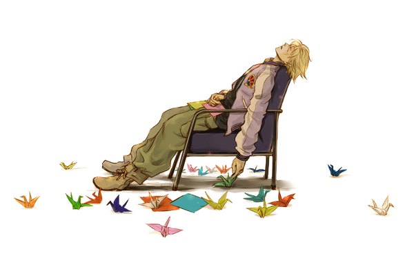 Anime picture 1920x1197 with tiger & bunny sunrise (studio) ivan karelin hexe single highres short hair blonde hair wide image white background sitting eyes closed boy jacket paper armchair origami paper crane