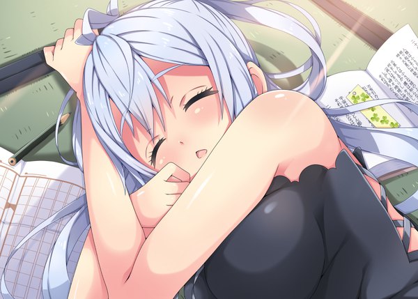 Anime picture 1000x715 with phantasy star phantasy star online 2 sega matoi (pso2) milkpanda single long hair blush open mouth bare shoulders silver hair eyes closed sleeping girl