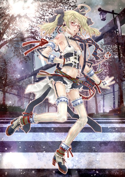 Anime picture 1273x1800 with original pandaraion (kanikani2950) single tall image short hair open mouth light erotic blonde hair red eyes tattoo girl thighhighs gloves navel miniskirt white thighhighs glasses boots headphones garter straps