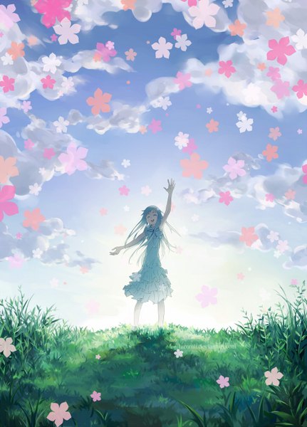 Anime picture 1000x1392 with ano hi mita hana no namae wo bokutachi wa mada shiranai a-1 pictures honma meiko lumnili (artist) single long hair tall image fringe open mouth blonde hair standing sky cloud (clouds) full body eyes closed happy girl dress flower (flowers) ribbon (ribbons)