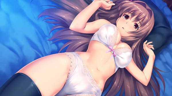 Anime picture 1024x576 with d-eve in you akatsuki shion long hair light erotic brown hair wide image brown eyes game cg underwear only girl thighhighs underwear panties black thighhighs