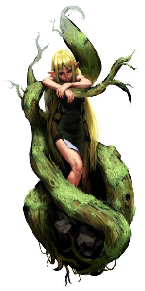 Anime picture 599x1200 with original cozy single long hair tall image simple background blonde hair white background green eyes pointy ears elf bare tree girl plant (plants) tree (trees)