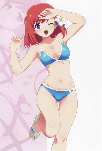 Anime picture 2100x3102 with minisuka police single tall image highres short hair open mouth blue eyes light erotic absurdres red hair one eye closed hair flower wink girl hair ornament swimsuit bikini