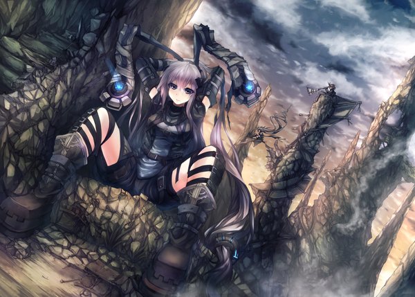 Anime picture 2000x1433 with original mamuru long hair highres blonde hair sitting cloud (clouds) black eyes bunny ears girl boots