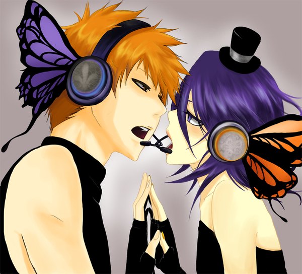 Anime picture 1080x980 with bleach vocaloid studio pierrot magnet (vocaloid) kurosaki ichigo kuchiki rukia pikeish (artist) blush short hair open mouth blonde hair bare shoulders purple hair nail polish fingernails orange hair alternate costume sleeveless couple face to face