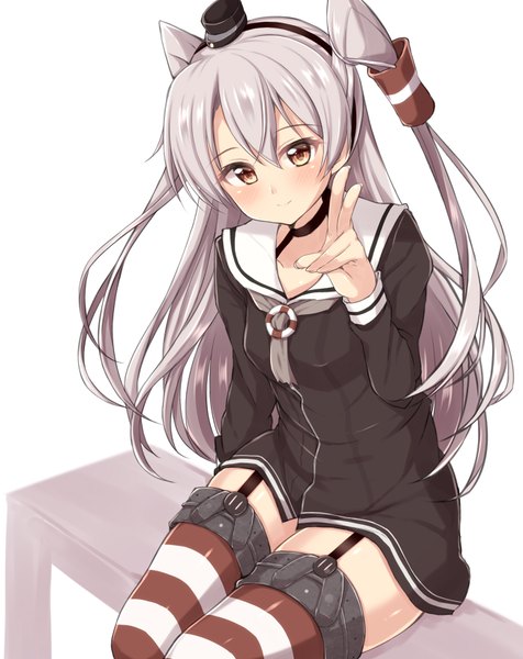 Anime picture 650x820 with kantai collection amatsukaze destroyer jiino single long hair tall image looking at viewer blush fringe hair between eyes white background sitting brown eyes silver hair two side up victory girl thighhighs uniform hat