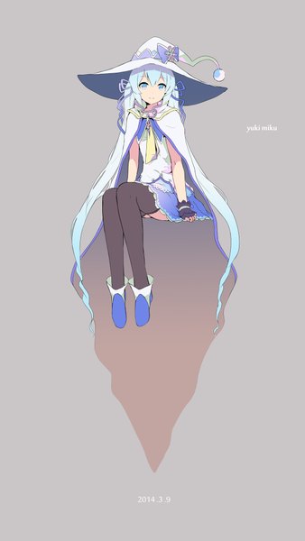 Anime picture 1200x2128 with vocaloid suki! yuki! maji magic (vocaloid) hatsune miku yuki miku yuki miku (2014) cait single tall image looking at viewer sitting very long hair aqua eyes light smile aqua hair character names weightlessness girl thighhighs skirt gloves