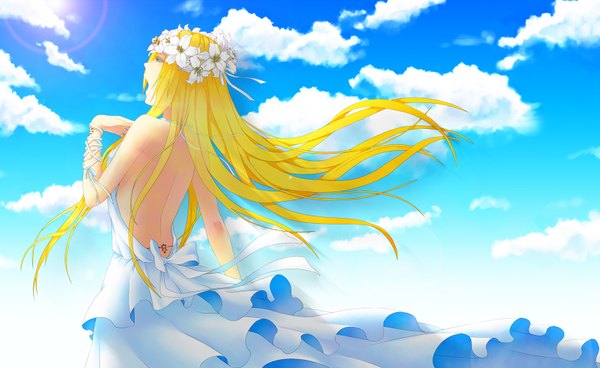 Anime picture 1630x1000 with vocaloid lily (vocaloid) shiikarai long hair open mouth blue eyes blonde hair wide image bare shoulders sky cloud (clouds) hair flower wind from behind sunlight tattoo back summer singing girl