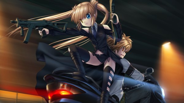 Anime picture 1280x720 with rewrite nakatsu shizuru long hair short hair blonde hair red eyes wide image twintails game cg heterochromia girl thighhighs boy weapon black thighhighs gun motorcycle