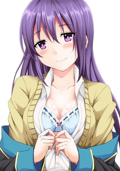 Anime picture 840x1200 with gj-bu doga kobo sumeragi shion sakuma shiiya (artist) single long hair tall image blush light erotic simple background smile white background purple eyes purple hair open clothes open shirt girl shirt