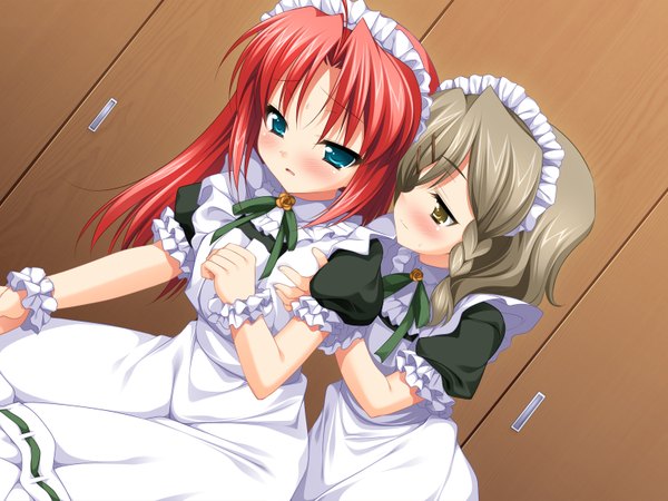 Anime picture 1600x1200 with futaba channel 3 (game) itsuki (futaba channel) mii (futaba channel) ninoko long hair blush short hair blue eyes brown hair multiple girls yellow eyes game cg red hair maid loli girl 2 girls
