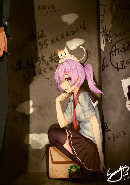 Anime picture 846x1200 with original pomie de sunny tall image blush short hair open mouth looking away purple hair ponytail pleated skirt pink eyes inscription shadow squat hand to mouth surprised animal on head cat on head girl thighhighs